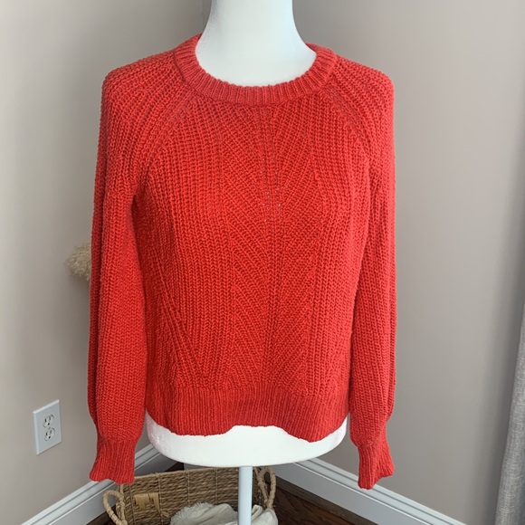 MADEWELL J8667 Balloon Sleeve Crew Neck Chunky Knit Sweater Orange-Red - Picture 2 of 9